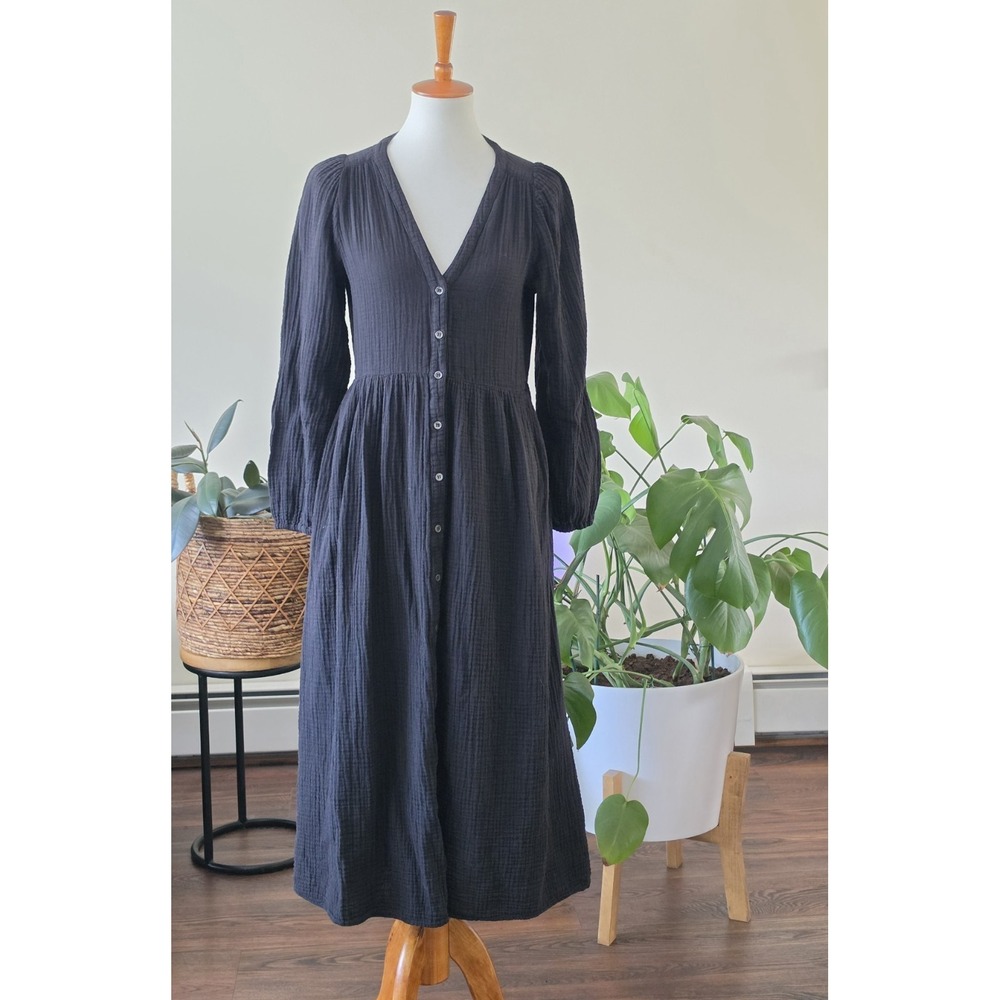 XIRENA Black Cotton GAUZE Button Frontโ MIDI Maxi Dress BOHO EMPIRE WAIST Medium - Picture 9 of 15